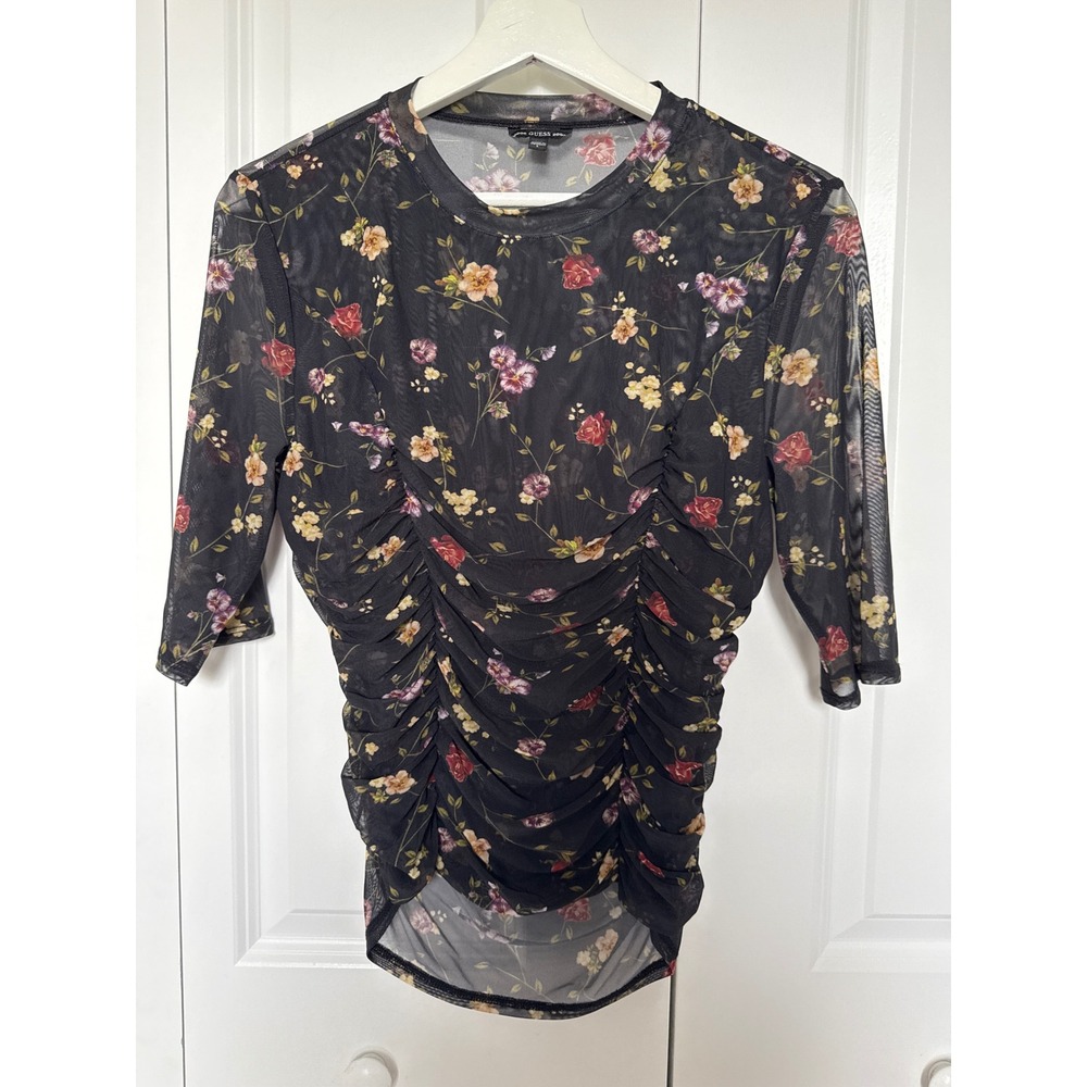 Guess Womens Black Floral Sheer Mesh Ruched Elbow‎ Sleeve Top Large W1BP34K2X53